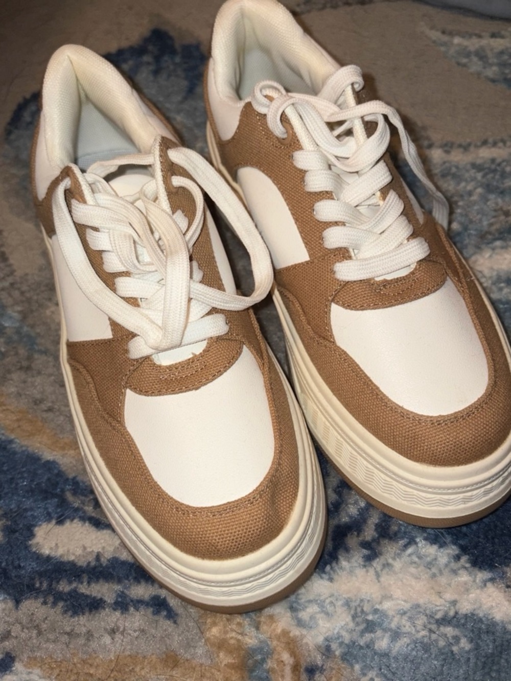 Women’s Neutral White and Tan Sneakers - Casual Lace-Up Shoes